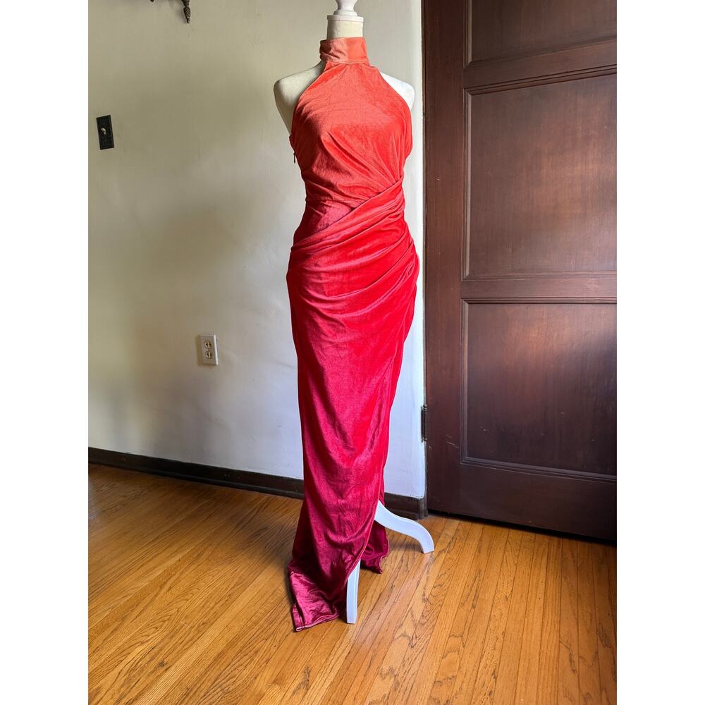 JLUXLABEL | Orange to Red Ombre Velvet High Neck Halter Draped Maxi Dress Small
